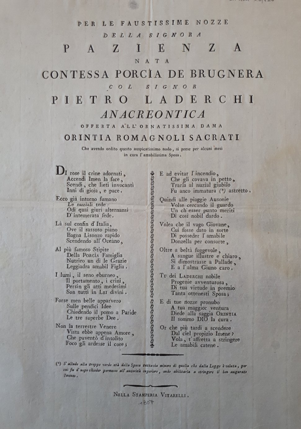 Anacreontica scritta da Orintia Romagnoli Sacrati per le nozze Laderchi-Porcia.