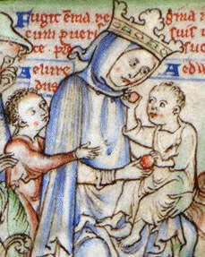 Emma di Normandia con i suoi due figli, prima della fuga causata dall'invasione di Sweyn Forkbeard, 1250 circa.