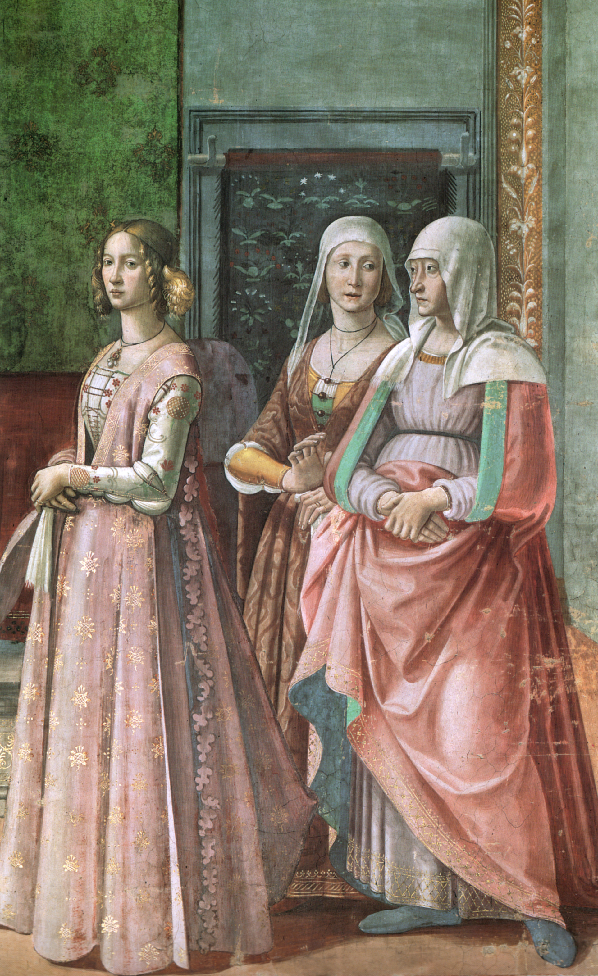 Probabile ritratto di Lucrezia Tornabuoni negli affreschi del Ghirlandaio nella cappella Tornabuoni a Santa Maria Novella. Immagine in pubblico dominio, fonte: Wikimedia Commons