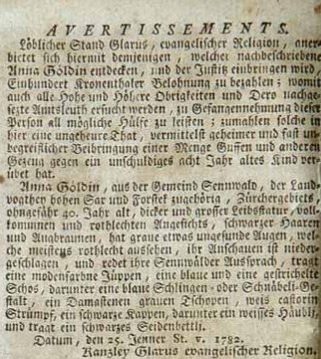 Bando che segnala il mandato di cattura per Anna Göldi.
Unknown source, Public domain, via Wikimedia Commons