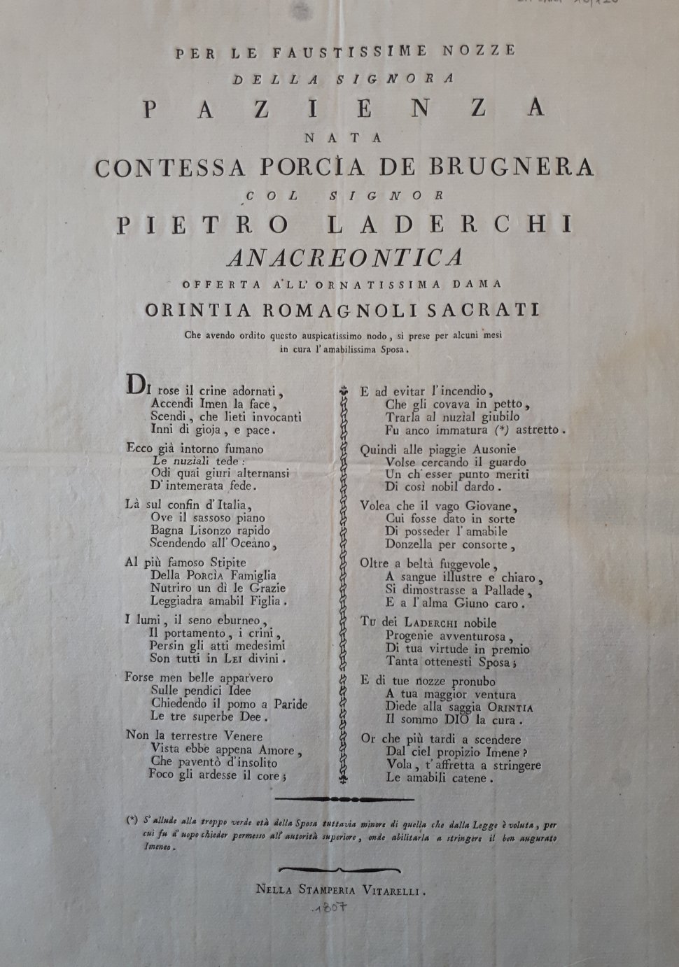 Anacreontica pubblicata da Orintia Romagnoli Sacrati per le nozze Laderchi-Porcia.