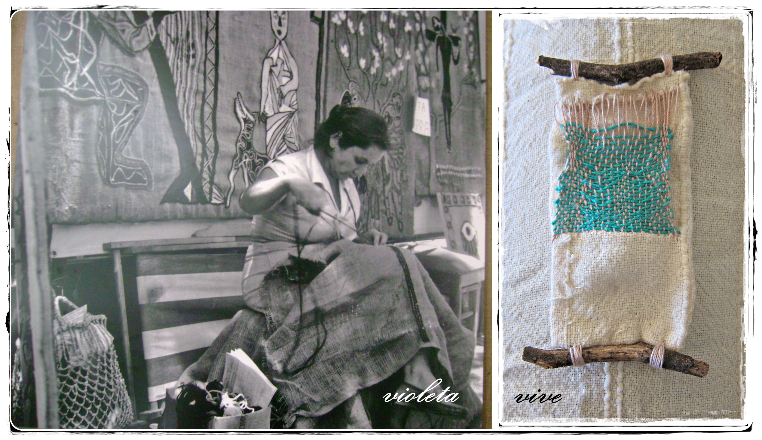 Fotomontaggio costruito con un'immagine di Violeta Parra  al lavoro e un'opera ispirata a lei.