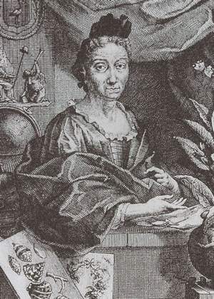  Georg Gsell /Jakob Houbraken, Ritratto di Maria Sibilla Merian, incisione a bulino, frontespizio del libro sui bruchi, 1718, Universitätsbibliothek, Erlangen-Nürnberg 
