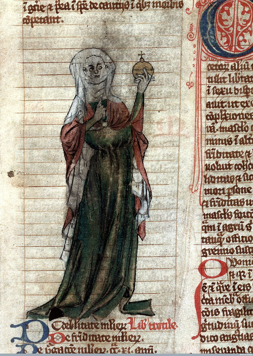 Disegno di una guaritrice, probabilmente Trotula, mentre impugna una fialetta di urine. Immagine tratta da Miscellanea medica XVIII, pubblicato nei primi anni del 14esimo secolo.
