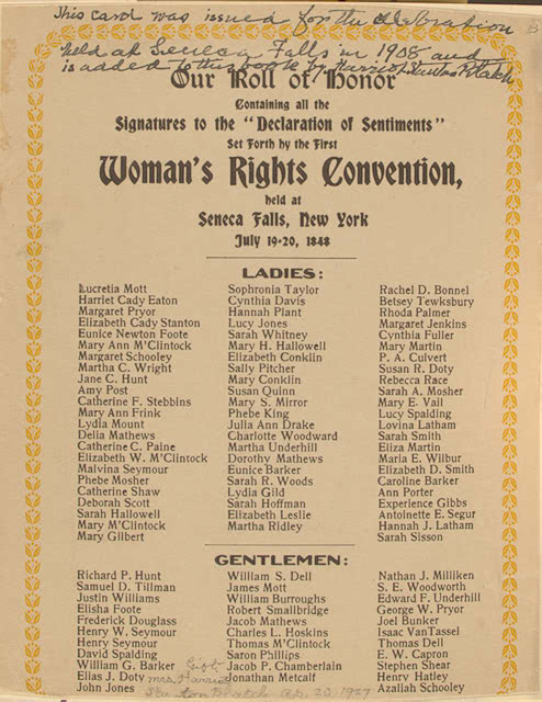 Copia della pagina delle firme della Dichiarazione dei Sentimenti che riporta la sottoscrizione di Eunice Foote. Fonte: U.S. Library of Congress. 
