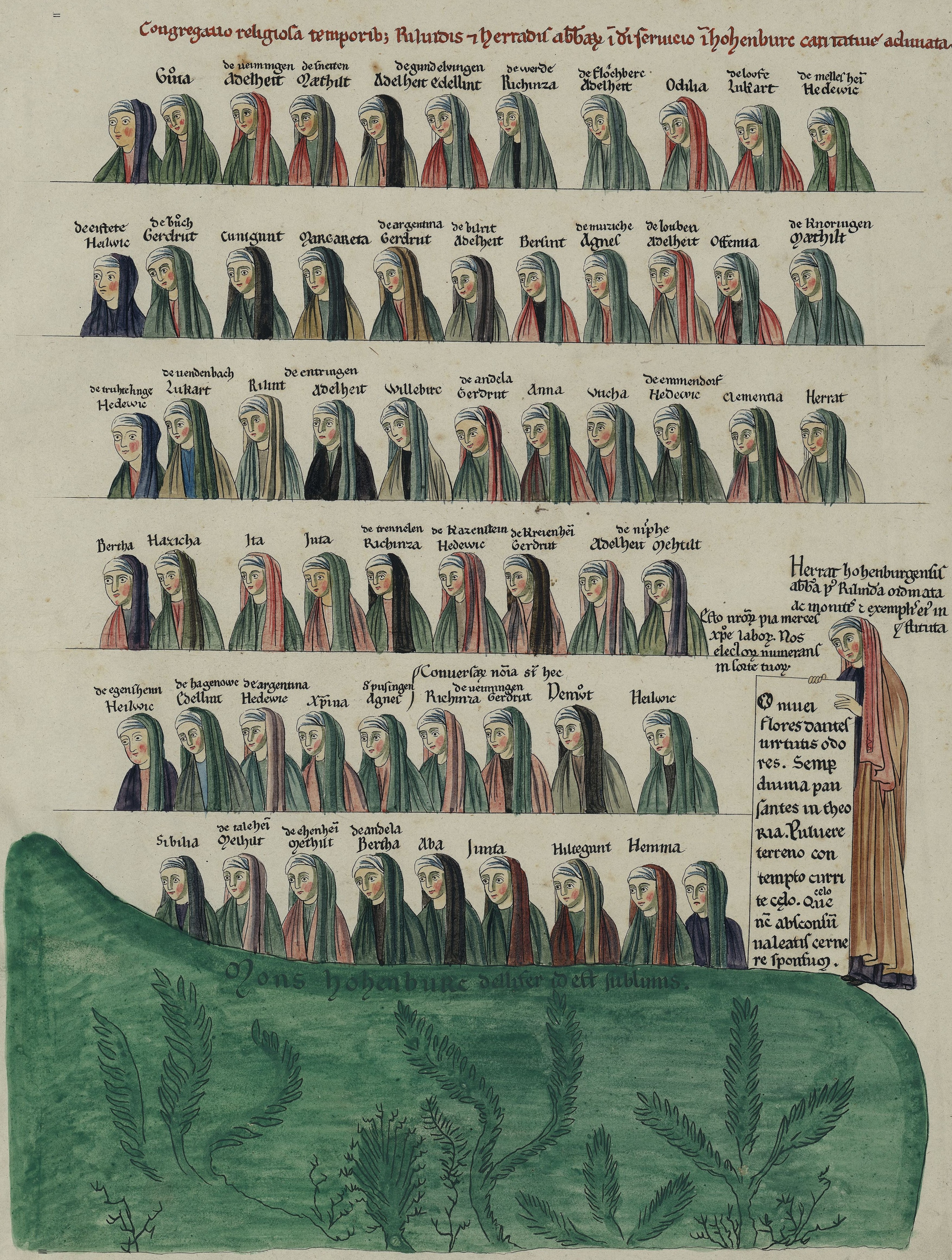 Copia tarda, su carta, dell’ultimo foglio dell’<em>Hortus Deliciarum</em> con l’autoritratto di Herrad che regge un cartiglio: “<em>Congregatio religiosa temporib[us] Rilindis et Herradis abbatiss[arum] i[n] D[e]i servicio i[n] Hohenburc caritative adunata</em>”. <br>Immagine di pubblico dominio, fonte: <a href=https://commons.wikimedia.org/wiki/File:Hortus_deliciarum_facsimile_1818_Tab.12_extrait.jpg>Wikimedia Commons</a>.