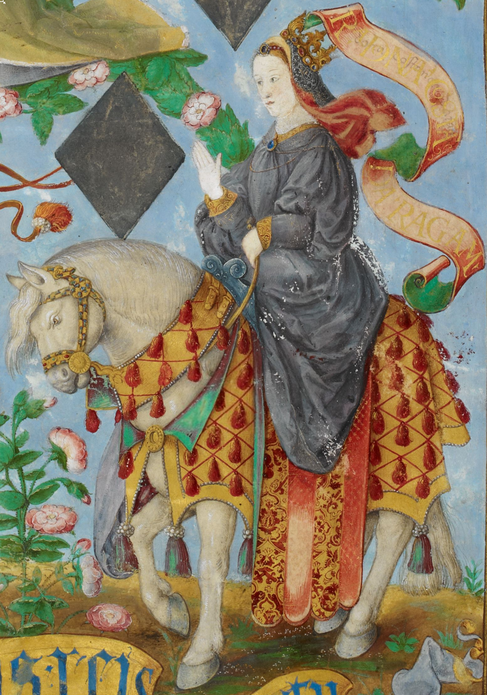 Costanza II in una miniatura di António de Holanda nella <em>Genealogia dos Reis de Portugal</em>.
<br>Immagine in pubblico dominio, fonte: Wikimedia Commons.